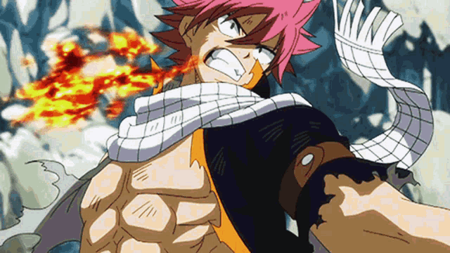 a cartoon character with pink hair and a scarf around his neck has flames coming out of his chest