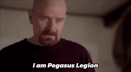 a man with a beard says " i am pegasus legion " in front of a woman