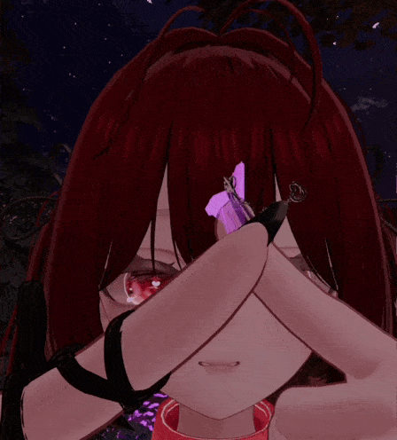 a close up of a girl 's face with red eyes and a purple flower on her head