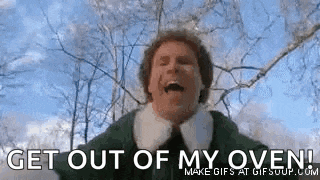 a man in a green jacket is screaming and saying `` get out of my oven ! ''
