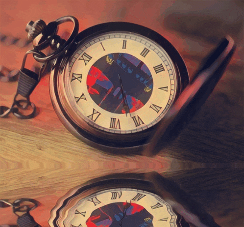a pocket watch with roman numerals and a picture of a castle on the face