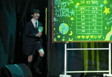 a man in a suit stands in front of a blackboard that says school of wish