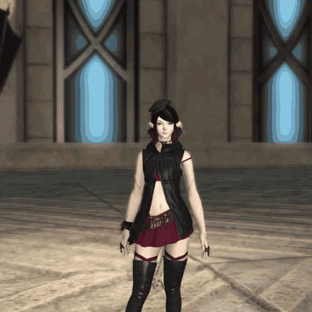 a woman in a black vest and red skirt is standing in a room