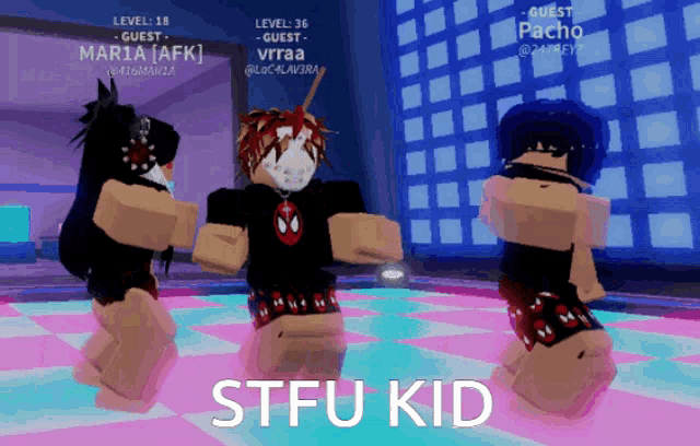 a group of people dancing in a video game with the words stfu kid on the bottom