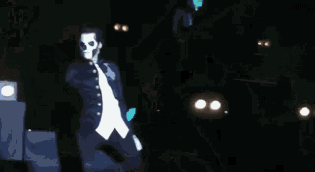 a skeleton is dancing on a stage in front of a crowd .