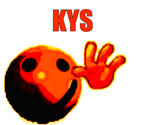 a smiley face with a red hand and the word kys behind it