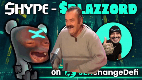 a man with a mustache is laughing in front of a sign that says hype - $ lazzard