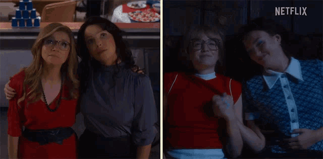 two women are posing for a picture with a netflix logo on the bottom