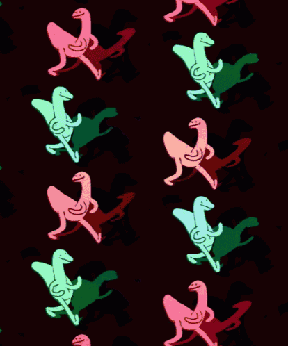 a seamless pattern of purple and yellow dinosaurs against a black background
