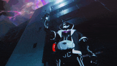 a robot with a purple light coming out of it 's eyes
