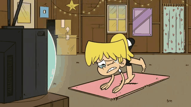 a cartoon of a girl on a yoga mat with a tv in the background
