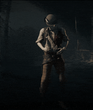 a man in a cowboy hat and suspenders stands in a dark forest