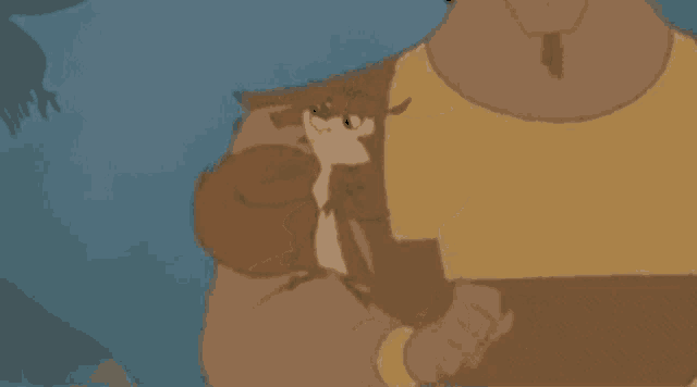 a close up of a cartoon character holding a squirrel in his arms .