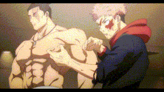 a man is standing next to a muscular man in a cartoon .