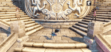 a screenshot of a video game shows a girl with wings standing in front of a staircase
