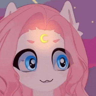 a close up of a cartoon character with pink hair and blue eyes with a crescent moon on her forehead .