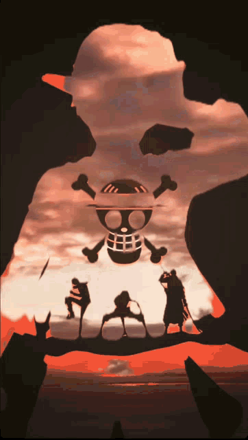 a silhouette of a man with a skull and crossbones in the background