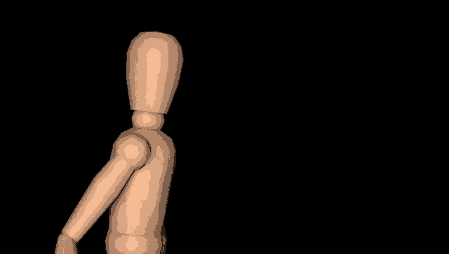 a wooden mannequin with a black background is holding something in its hand