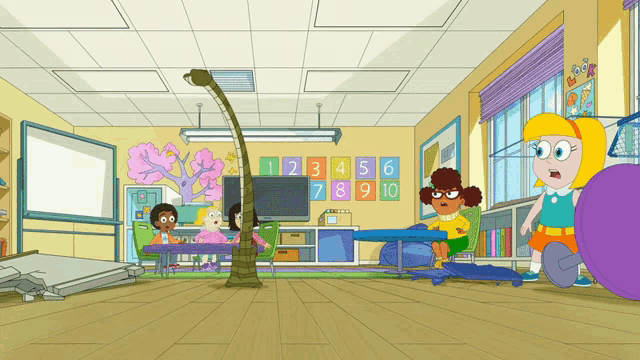 a cartoon classroom with numbers 1 through 10 on the walls
