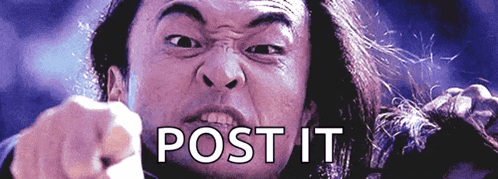 a man is pointing at the camera with the words post it written below him