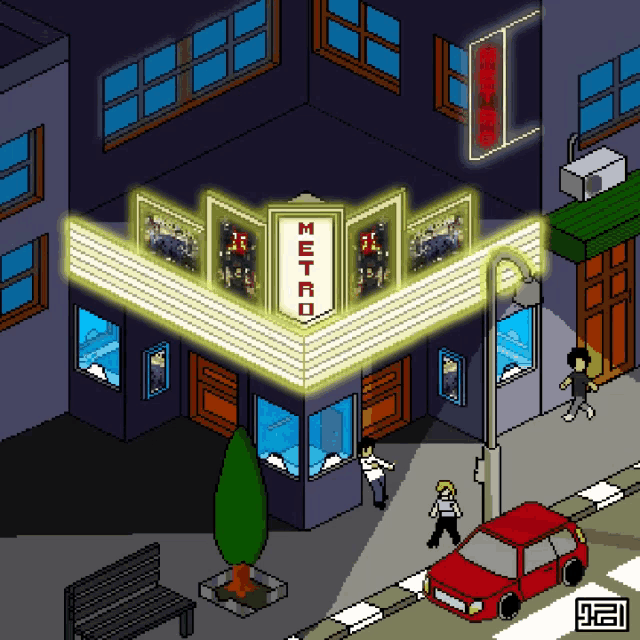 a pixel art drawing of a theater with a neon sign that says metro