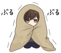 a cartoon of a boy wrapped in a blanket with chinese writing on it .