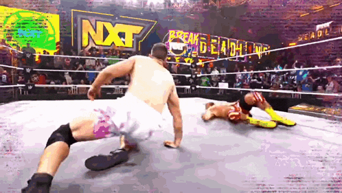 two wrestlers in a ring with a sign that says nxt behind them