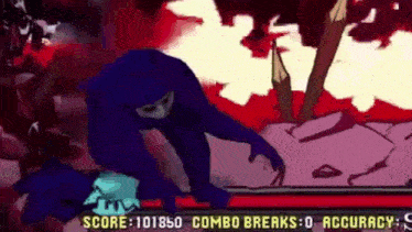 a cartoon of a ninja in a video game with a score of 101850 and a score of 0 accuracy .