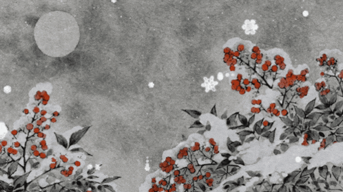 a black and white painting of a tree with red berries in the snow