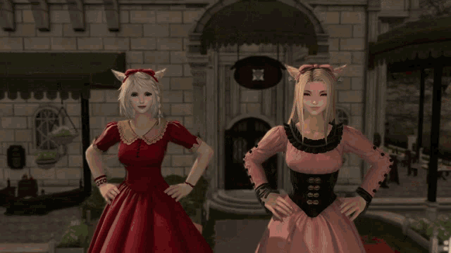 a woman in a red dress stands next to a blonde woman in a pink dress