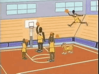 a cartoon of people playing basketball with a dog in the background