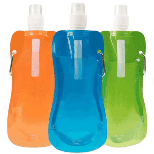 three water bottles that say bpa free are lined up in a row