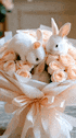 a bouquet of flowers with two stuffed rabbits in it .