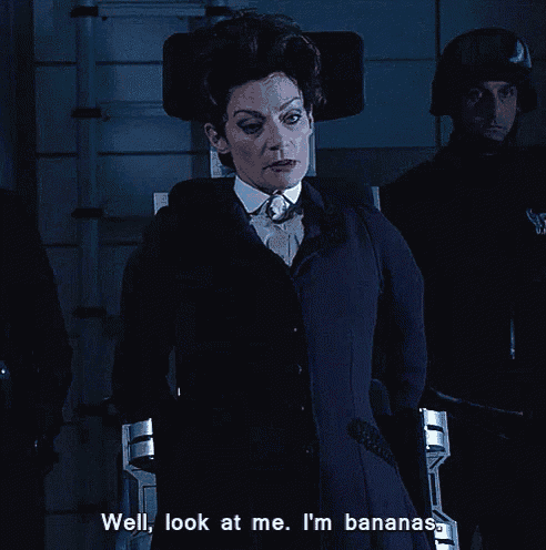 a woman sitting in a chair with the words well look at me i 'm bananas