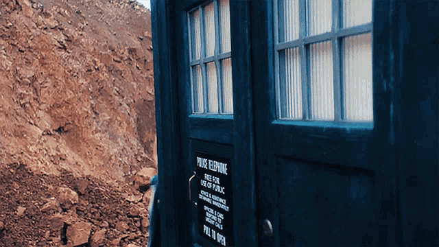 a blue door that says police telephone is open