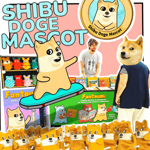 a shibu doge mascot is riding a skateboard in front of a table full of stuffed animals