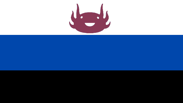 a blue white and black flag with a red crab on it