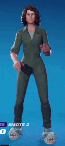 a woman in a green jumpsuit is wearing shark slippers and giving a thumbs up