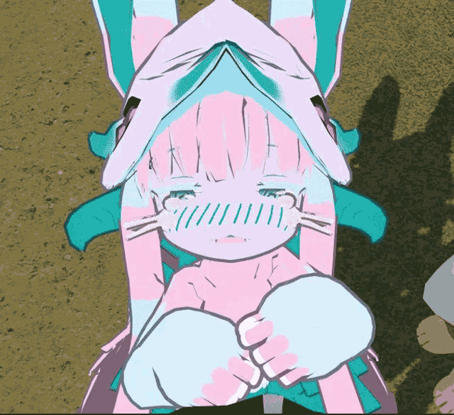 a cartoon drawing of a pink and blue rabbit with a shadow on the ground