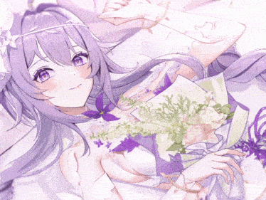 a girl with purple hair and a white dress holds a bouquet of flowers