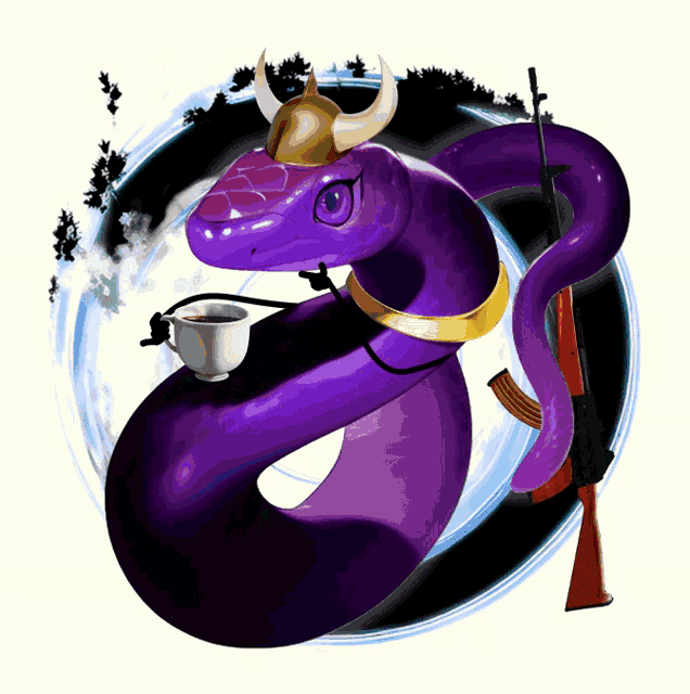 a purple snake with a cup of coffee and a gun