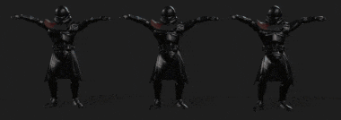 three soldiers in black armor are standing next to each other on a black background .