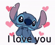 a stitch sticker that says `` i love you '' with pink hearts around it .