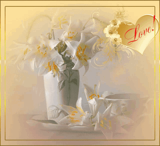 a picture of flowers and a heart with the word love on it