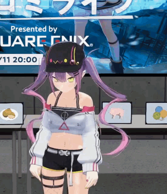 a girl with purple hair and a hat is standing in front of a sign that says presented by uarenix