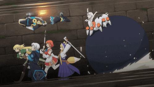 a group of cartoon characters are walking in a line