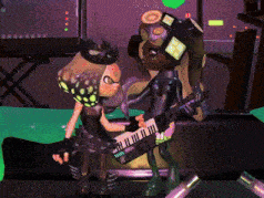 a video game character is holding a keyboard and a guitar