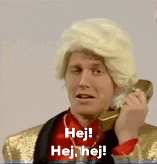 a man in a wig talking on a phone with the words hej hej hej