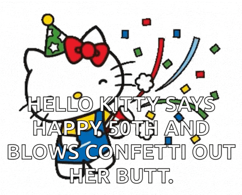hello kitty blows confetti out her butt on her 50th birthday