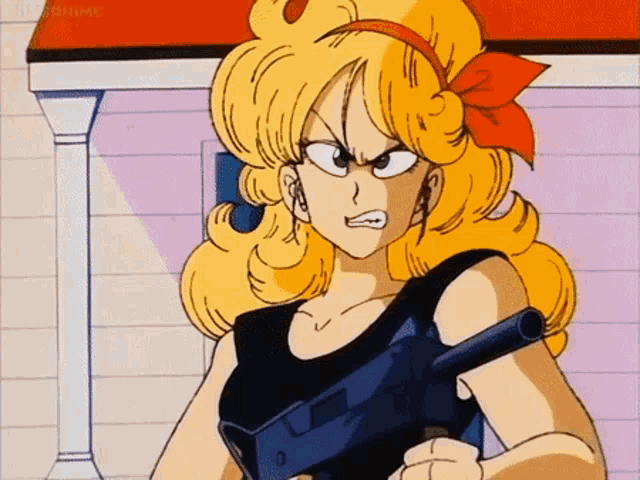a woman with blonde hair is holding a gun in front of a house .